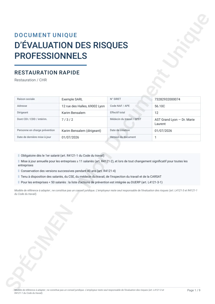 Page de garde d'un DUERP : identité de l'entreprise, effectif et date d'évaluation